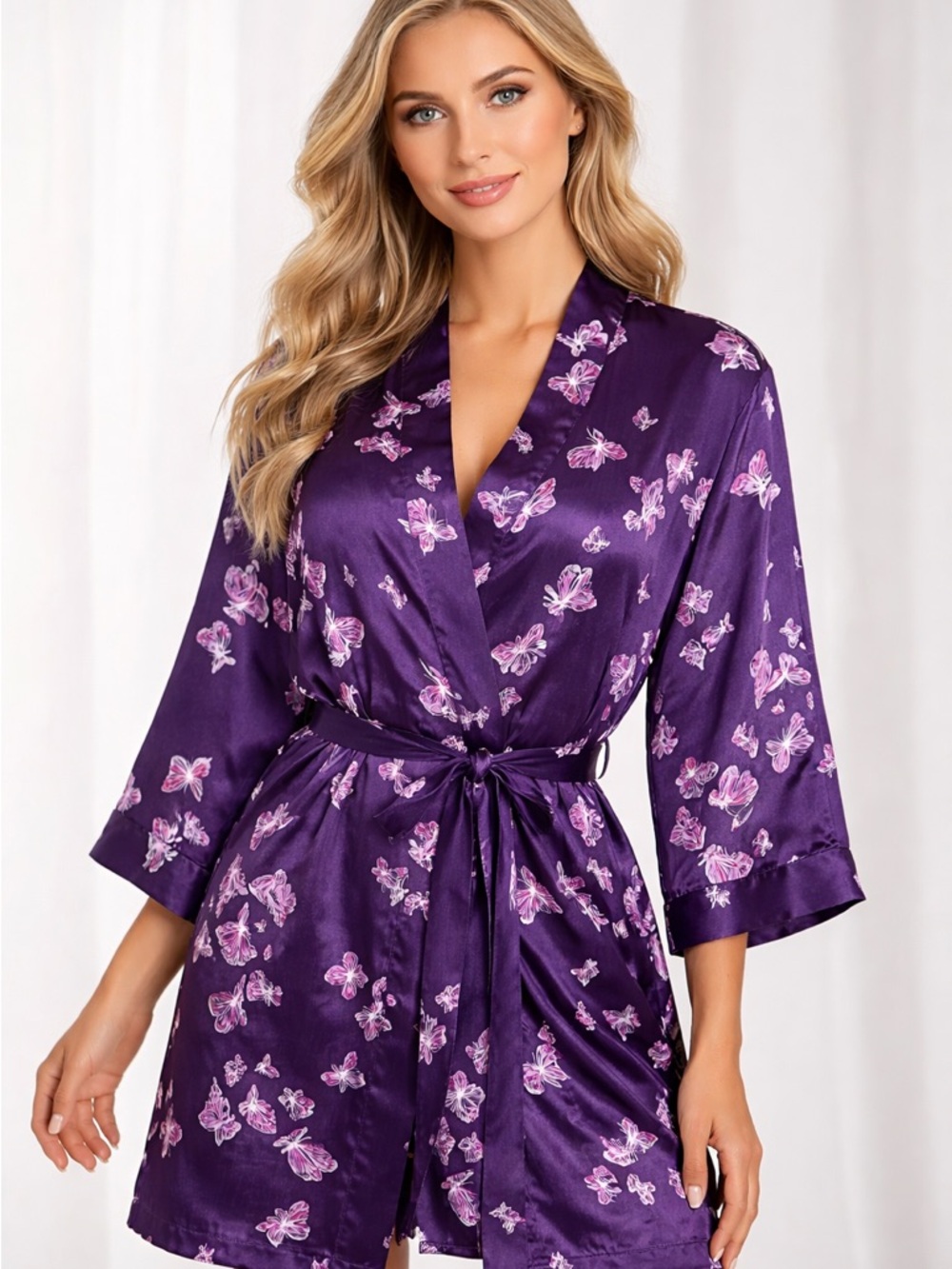 Morgan Taylor Purple Satin Butterfly Print Robe with Tie